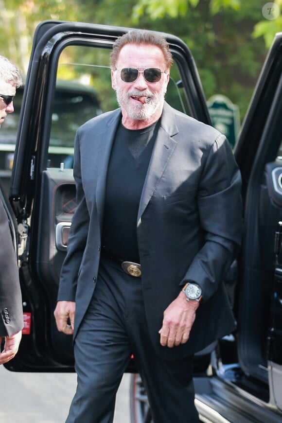 Exclusif - Arnold Schwarzenegger - Les célébrités et la famille arrivent à la fête prénuptiale organisée par Katherine Schwarzenegger chez sa mère M.Shriver à Los Angeles, le 28 avril 2019.