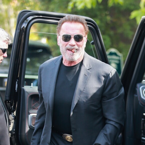 Exclusif - Arnold Schwarzenegger - Les célébrités et la famille arrivent à la fête prénuptiale organisée par Katherine Schwarzenegger chez sa mère M.Shriver à Los Angeles, le 28 avril 2019.