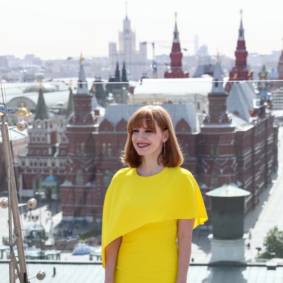 Jessica Chastain fait la promotion du film "Dark Phoenix" sur le toit de l'hôtel Ritz Carlton de Moscou, Russie, le 20 mai 2019.