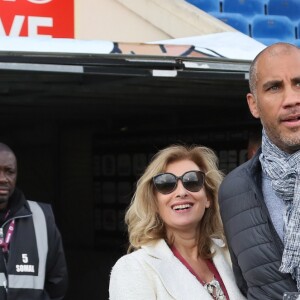 Valérie Trierweiler, en tant que journaliste en reportage pour un magazine, et son compagnon l'ancien rugbyman et présentateur TV Romain Magellan, sur place lui pour présenter et animer "Le match des Légendes" durant lequel de grands noms du football et du rugby se sont affrontés pour une mi-temps de foot et une autre de rugby au profit de l'association "Un sourire, un espoir pour la vie" au stade Chaban Delmas, à Bordeaux, France, le 27 Mai 2019. © Patrick Bernard/Bestimage