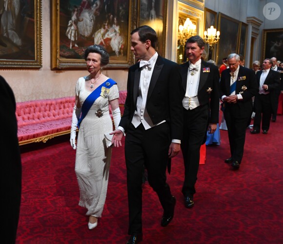La princesse Anne et Jared Kushner au palais de Buckingham le 3 juin 2019 pour le dîner de gala donné par la reine Elizabeth II en l'honneur de la visite officielle du président américain Donald Trump et son épouse Melania.