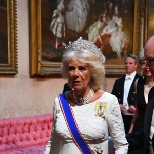 Camilla Parker Bowles, duchesse de Cornouailles, et Robert Wood Johnson, ambassadeur des Etats-Unis en Grande-Bretagne, au palais de Buckingham le 3 juin 2019 pour le dîner de gala donné par la reine Elizabeth II en l'honneur de la visite officielle du président américain Donald Trump et son épouse Melania.