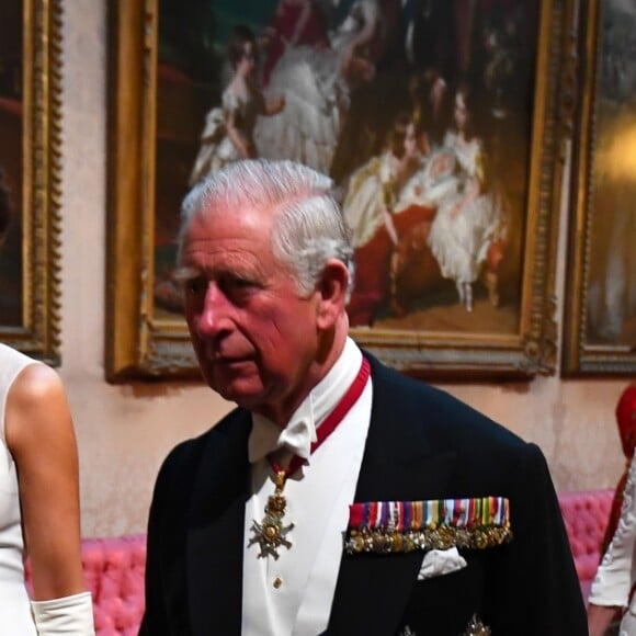 Melania Trump (en robe Dior) et le prince Charles au palais de Buckingham le 3 juin 2019 pour le dîner de gala donné par la reine Elizabeth II en l'honneur de la visite officielle du président américain Donald Trump et son épouse Melania.