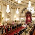 Vue de la salle de bal au palais de Buckingham le 3 juin 2019 pour le dîner de gala donné par la reine Elizabeth II en l'honneur de la visite officielle du président Donald Trump et de sa femme Melania.