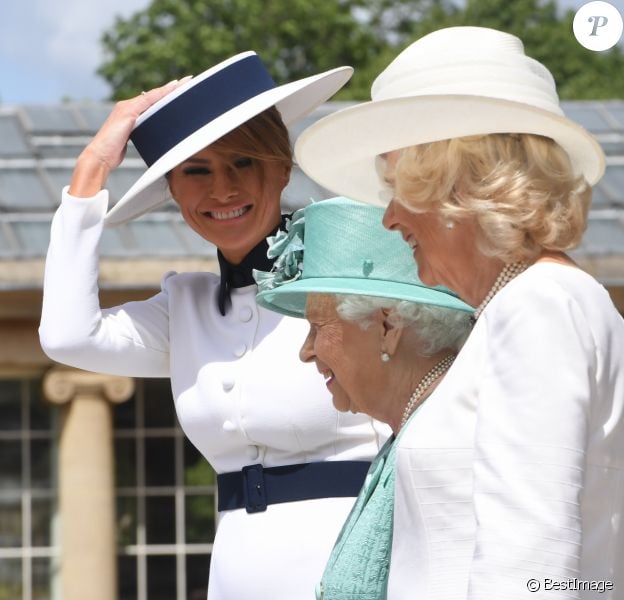 Melania Trump, la reine Elisabeth II d'Angleterre, Camilla Parker Bowles, duchesse de Cornouailles - Le président des Etats-Unis et sa femme accueillis au palais de Buckingham à Londres. Le 3 juin 2019
