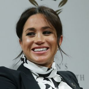 Meghan Markle (enceinte), duchesse de Sussex, lors d'une discussion conjointe avec le Trust The Queen's Commonwealth à l'occasion de la journée mondiale du droit des femmes. Londres, le 8 mars 2019