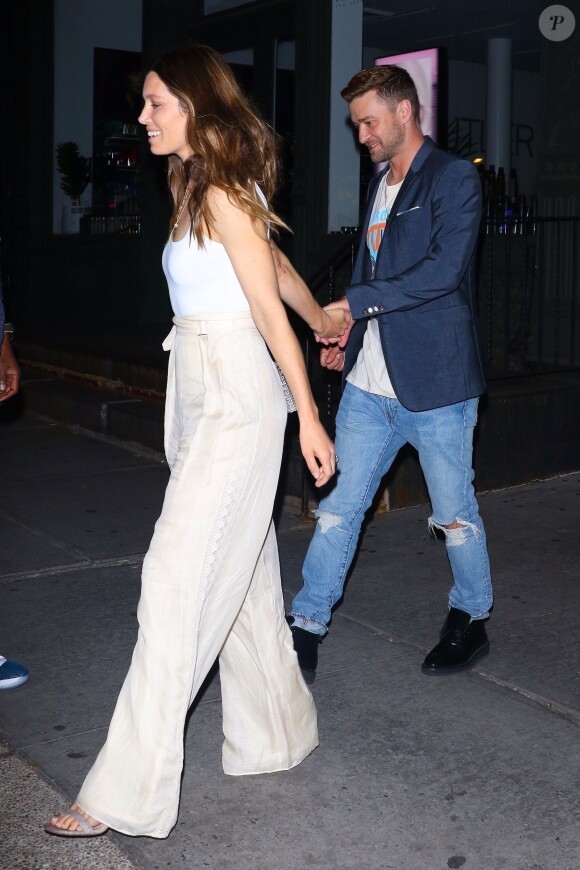 Exclusif - Jessica Biel et son mari Justin Timberlake sont allés diner en amoureux au restaurant Sadelle dans le quartier de Soho à New York, le 12 juin 2019.