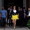 Céline Dion quitte l'hôtel Crillon, vêtue d'une veste et d'une jupe Ronald Van Der Kemp et chaussée en Jimmy Choo. Paris, le 30 juin 2019.