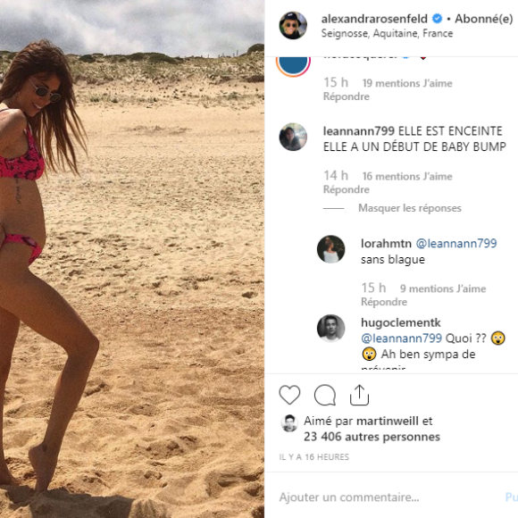 Hugo Clément dragué par une internaute alors que sa compagne Alexandra Rosenfeld est enceinte de leur deuxième enfant, le 10 juillet 2019 sur Instagram.