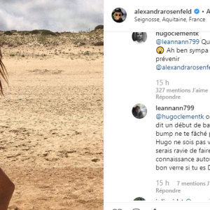 Hugo Clément dragué par une internaute alors que sa compagne Alexandra Rosenfeld est enceinte de leur deuxième enfant, le 10 juillet 2019 sur Instagram.