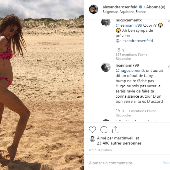 Hugo Clément dragué par une internaute alors que sa compagne Alexandra Rosenfeld est enceinte de leur deuxième enfant, le 10 juillet 2019 sur Instagram.