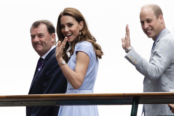 Le prince William, duc de Cambridge, et Catherine (Kate) Middleton, duchesse de Cambridge, arrivent au tournoi de Wimbledon pour assister à la finale homme "Novak Djokovic - Roger Federer" à Londres, le 14 juillet 2019