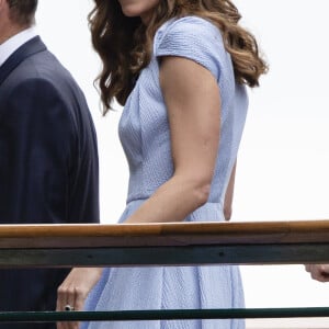 Le prince William, duc de Cambridge, et Catherine (Kate) Middleton, duchesse de Cambridge, arrivent au tournoi de Wimbledon pour assister à la finale homme "Novak Djokovic - Roger Federer" à Londres, le 14 juillet 2019