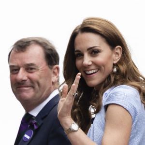 Le prince William, duc de Cambridge, et Catherine (Kate) Middleton, duchesse de Cambridge, arrivent au tournoi de Wimbledon pour assister à la finale homme "Novak Djokovic - Roger Federer" à Londres, le 14 juillet 2019