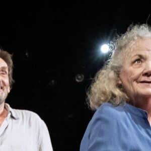 Exclusif - Marie-Christine Danède, Pierre Palmade et Catherine Hiegel lors de la représentation de la pièce "Le lien" lors du Festival de Ramatuelle, France, le 7 août 2019.
