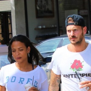 Matt Pokora, sa compagne Christina Milian enceinte et sa fille Violet Nash - Enceinte et radieuse, C.Milian se rend au glacier McConnell avec compagnon M.Pokora et sa fille V.Nash pour le goûter après avoir acheté des vêtements pour bébés. La chanteuse 'Dip it Low' et son compagnon ont annoncé sa grossesse la semaine dernière via Instagram. C'est le premier enfant du couple et le premier enfant de M.Pokora. Los Angeles, le 3 août 2019.