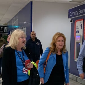 Exclusif - Sarah Ferguson, duchesse d'York, lors de son arrivée à l'aéroport d'Aberdeen en Ecosse tard dans la soirée du mercredi 7 août 2019, pour aller séjourner au château de Balmoral.