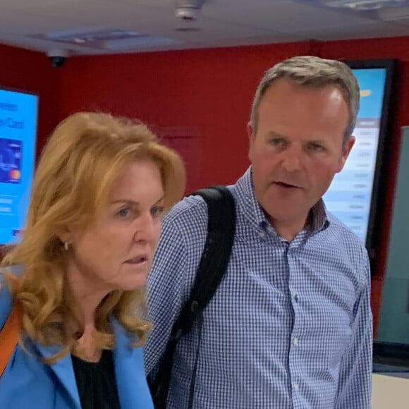 Exclusif - Sarah Ferguson, duchesse d'York, lors de son arrivée à l'aéroport d'Aberdeen en Ecosse tard dans la soirée du mercredi 7 août 2019, pour aller séjourner au château de Balmoral.