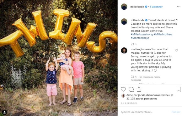 Bode Miller annonce que sa femme Megan Beck est enceinte de jumeaux sur Instagram le 12 août 2019.