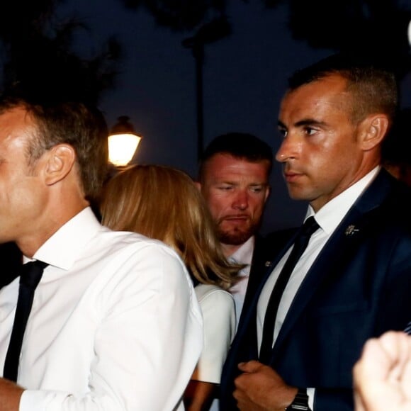 Emmanuel Macron, président de la République Française, prend un bain de foule à l'issue des commémorations du 75ème anniversaire de la libération de la ville de Bormes-les-Mimosas, lors du débarquement de Provence. Bormes-les-Mimosas, le 17 août 2019. © Dominique Jacovides/Bestimage