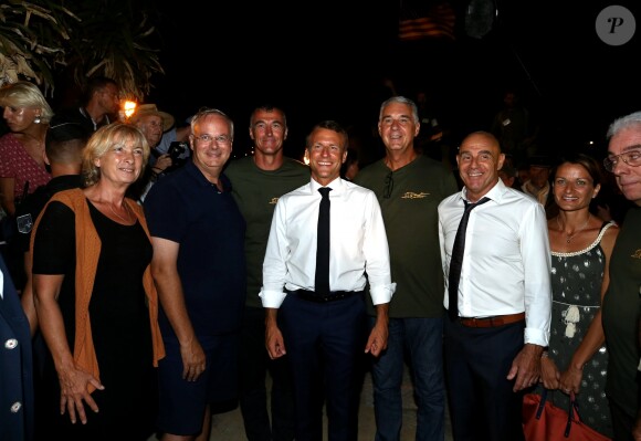 Emmanuel Macron, président de la République Française, en compagnie de François Arizzi (maire de Bormes-les-Mimosas) prend un bain de foule à l'issue des commémorations du 75ème anniversaire de la libération de la ville de Bormes-les-Mimosas, lors du débarquement de Provence. Bormes-les-Mimosas, le 17 août 2019. © Dominique Jacovides/Bestimage