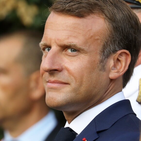 Emmanuel Macron, président de la République Française, à la cérémonie de commémoration du 75ème anniversaire de la libération de la ville de Bormes-les-Mimosas, lors du débarquement de Provence. Bormes-les-Mimosas, le 17 août 2019. © Dominique Jacovides/Bestimage