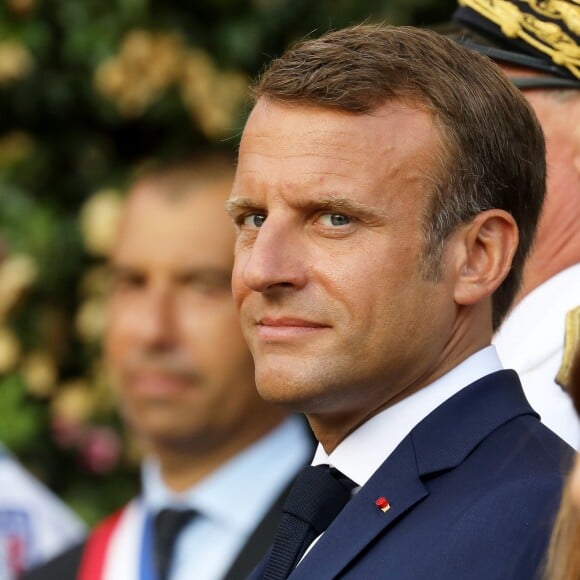 Emmanuel Macron, président de la République Française, à la cérémonie de commémoration du 75ème anniversaire de la libération de la ville de Bormes-les-Mimosas, lors du débarquement de Provence. Bormes-les-Mimosas, le 17 août 2019. © Dominique Jacovides/BestimageDominique Jacovides