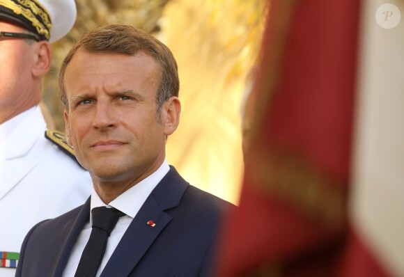 Emmanuel Macron, président de la République Française, à la cérémonie de commémoration du 75ème anniversaire de la libération de la ville de Bormes-les-Mimosas, lors du débarquement de Provence. Bormes-les-Mimosas, le 17 août 2019. © Dominique Jacovides/Bestimage