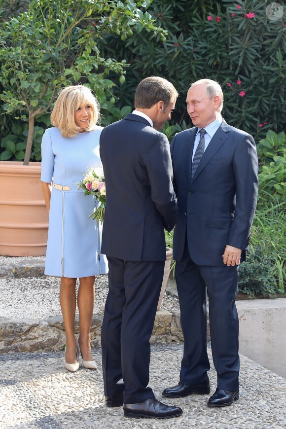 Brigitte Macron - Le président Emmanuel Macron accueille le président Vladimir Poutine au Fort de Brégançon avant un point presse commun le 19 août 2019. © Dominique Jacovides / Bestimage