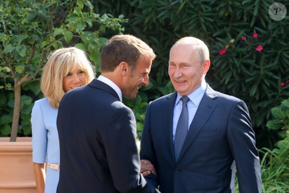 Brigitte Macron - Le président Emmanuel Macron accueille le président Vladimir Poutine au Fort de Brégançon avant un point presse commun le 19 août 2019. © Dominique Jacovides / Bestimage