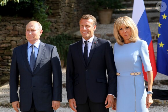 Brigitte Macron - Le président Emmanuel Macron accueille le président Vladimir Poutine au Fort de Brégançon avant un point presse commun le 19 août 2019. © Dominique Jacovides / Bestimage