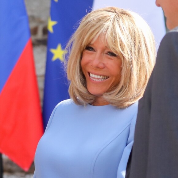 Brigitte Macron - Le président Emmanuel Macron accueille le président Vladimir Poutine au Fort de Brégançon avant un point presse commun le 19 août 2019. © Dominique Jacovides / Bestimage