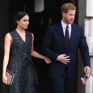 Meghan Markle et le prince Harry à la sortie de la cérémonie de commémoration du 25ème anniversaire de l'assassinat de Stephen Lawrence en l'église St Martin-in-the-Fields à Londres. Le 23 avril 2018