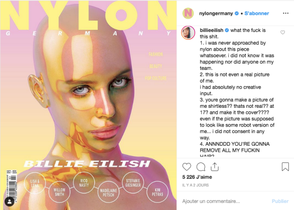 Couverture de Nylon Allemagne- édition de septembre. Billie Eillish pousse un coup de gueule contre le magazine- 28 août 2019.