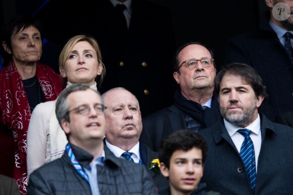 François Hollande et sa compagne Julie Gayet lors du tournoi des six nations de rugby, la France contre l'Angleterre au Stade de France à Saint-Denis, Seine Saint-Denis, France, le 10 mars 2018. Les Bleus s'imposent 22-16. © Cyril Moreau/Bestimage