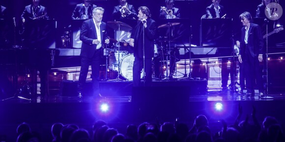 Exclusif - Eddy Mitchell, Johnny Hallyday et Jacques Dutronc - Premier concert "Les Vieilles Canailles" au stade Pierre Mauroy à Lille. Le trio sera en concert à Paris à l'Accorhotels Arena Popb Bercy le 24 juin, et sera retransmis en direct sur TF1 en Prime Time. Lille, le 10 juin 2017 © Andred / Bestimage