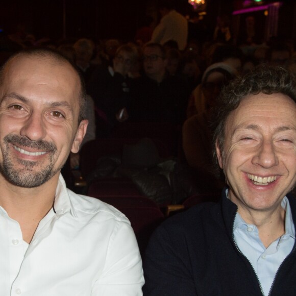 Exclusif - Lionel Bounoua et Stéphane Bern lors de la représentation exceptionnelle du spectacle de Franck Ferrand "Histoires d'Amour de l'Histoire" au Casino de Paris, le 14 février 2018. © Guirec Coadic/Bestimage