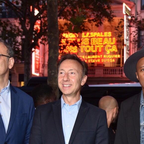 Yves Delhommeau (Directeur général de Grévin), Stéphane Bern, Soprano et Daniela Lumbroso - Le chanteur Soprano inaugure sa statue de cire au Musée Grévin à Paris, France, le 19 septembre 2019. © Giancarlo Gorassini/Bestimage