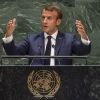 Le président de la République française Emmanuel Macron lors des discours le premier jour de la 74ème assemblée générale de l'organisation des Nations-Unis (ONU) à New York City, New York, Etats-Unis, le 24 septembre 2019.