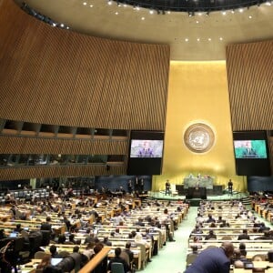 Le président de la République française Emmanuel Macron pendant son discours, le premier jour de la 74ème assemblée générale de l'organisation des Nations-Unis (ONU) à New York City, New York, Etats-Unis, le 24 septembre 2019.