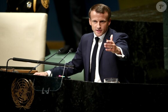 Le président de la République française Emmanuel Macron pendant son discours, le premier jour de la 74ème assemblée générale de l'organisation des Nations-Unis (ONU) à New York City, New York, Etats-Unis, le 24 septembre 2019.
