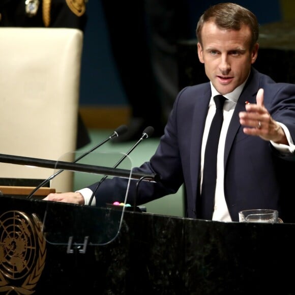 Le président de la République française Emmanuel Macron pendant son discours, le premier jour de la 74ème assemblée générale de l'organisation des Nations-Unis (ONU) à New York City, New York, Etats-Unis, le 24 septembre 2019.