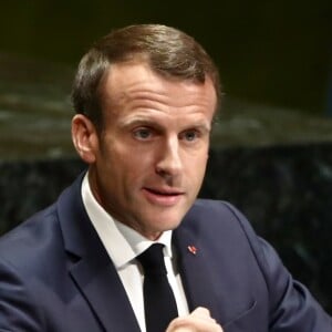 Le président de la République française Emmanuel Macron pendant son discours, le premier jour de la 74ème assemblée générale de l'organisation des Nations-Unis (ONU) à New York City, New York, Etats-Unis, le 24 septembre 2019.