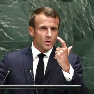 Le président de la République française Emmanuel Macron pendant son discours, le premier jour de la 74ème assemblée générale de l'organisation des Nations-Unis (ONU) à New York City, New York, Etats-Unis, le 24 septembre 2019.