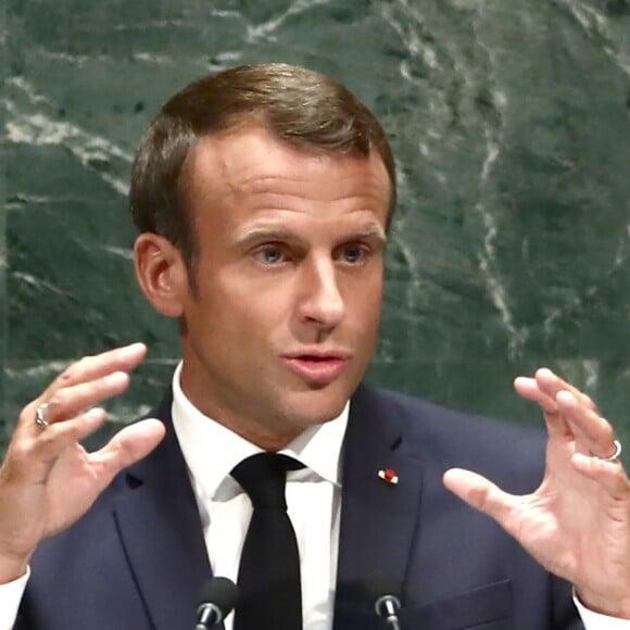 Le président de la République française Emmanuel Macron pendant son discours, le premier jour de la 74ème assemblée générale de l'organisation des Nations-Unis (ONU) à New York City, New York, Etats-Unis, le 24 septembre 2019.