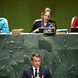 Le président de la République française Emmanuel Macron pendant son discours, le premier jour de la 74ème assemblée générale de l'organisation des Nations-Unis (ONU) à New York City, New York, Etats-Unis, le 24 septembre 2019.