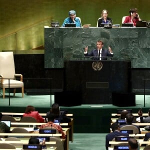 Le président de la République française Emmanuel Macron pendant son discours, le premier jour de la 74ème assemblée générale de l'organisation des Nations-Unis (ONU) à New York City, New York, Etats-Unis, le 24 septembre 2019.