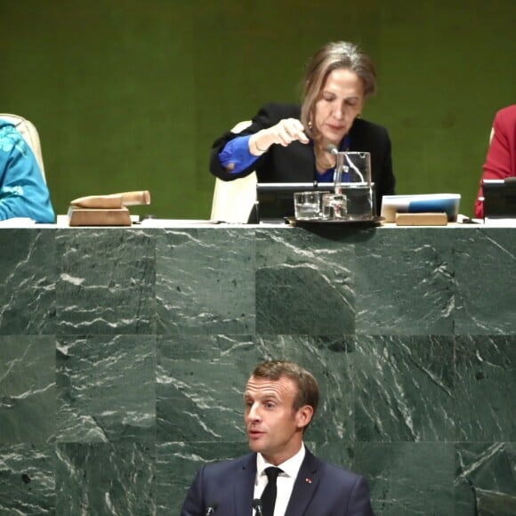 Le président de la République française Emmanuel Macron pendant son discours, le premier jour de la 74ème assemblée générale de l'organisation des Nations-Unis (ONU) à New York City, New York, Etats-Unis, le 24 septembre 2019.