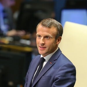 Le président de la République française Emmanuel Macron pendant son discours, le premier jour de la 74ème assemblée générale de l'organisation des Nations-Unis (ONU) à New York City, New York, Etats-Unis, le 24 septembre 2019. © Morgan Dessalles/Bestimage