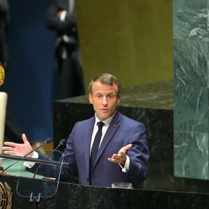 Le président de la République française Emmanuel Macron pendant son discours, le premier jour de la 74ème assemblée générale de l'organisation des Nations-Unis (ONU) à New York City, New York, Etats-Unis, le 24 septembre 2019. © Morgan Dessalles/Bestimage